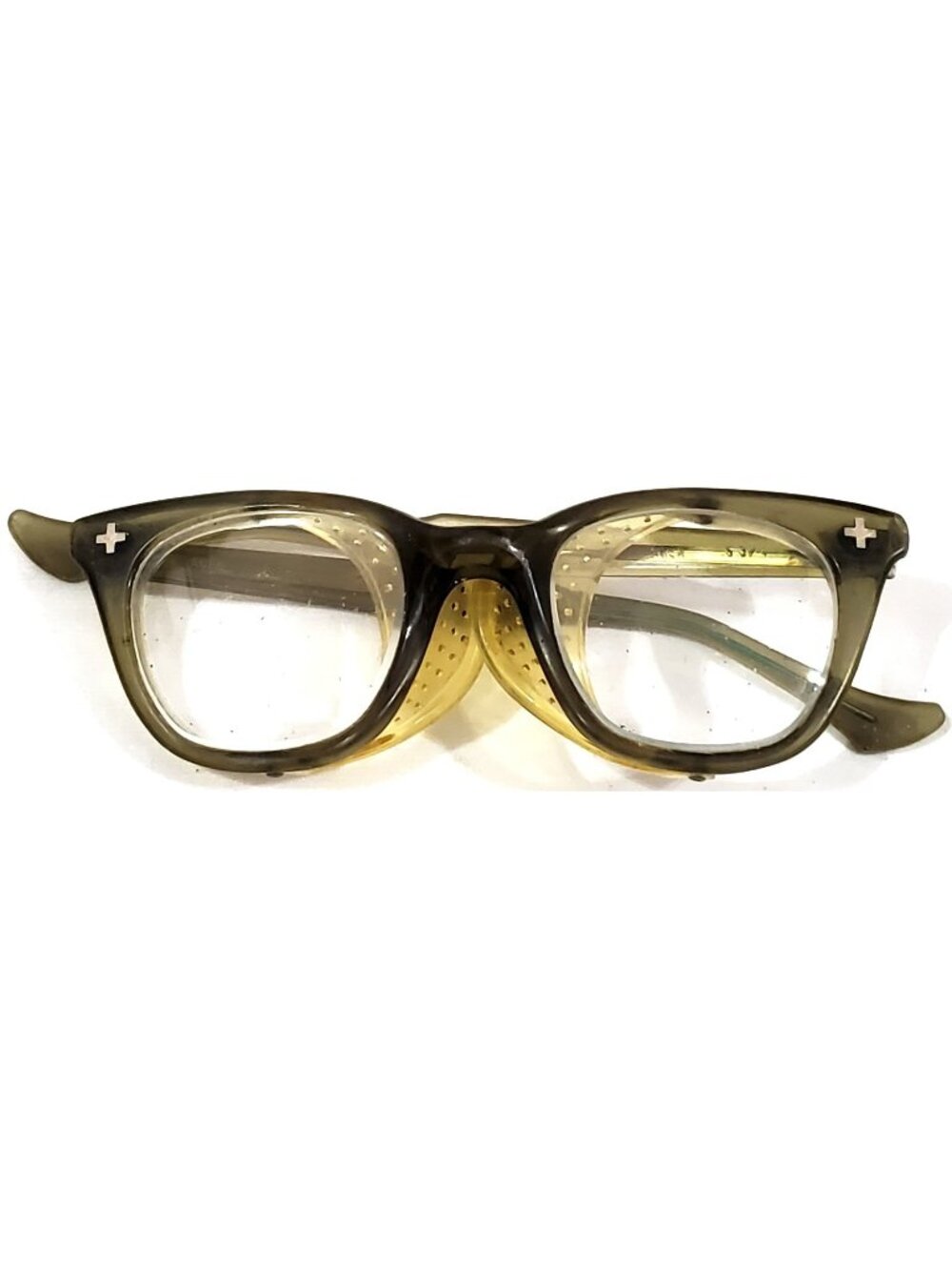 ADEN SAFETY GLASSES w/ side shields VINTAGE WORN USED smoky gray horn rim nerd